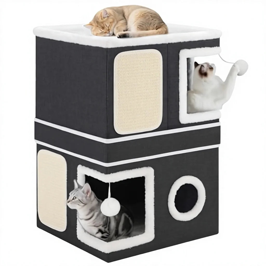 2-Storey Luxury Indoor Cat House with Scratch Pads - Large Breed Size